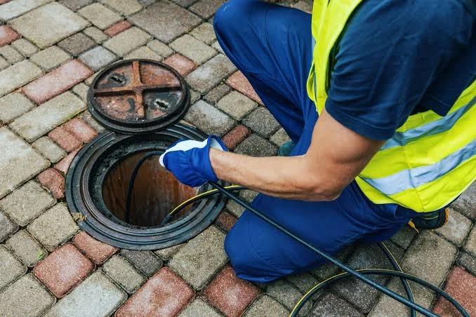 Plumber running a drain cleaning cable into an outdoor drain line in Yorba Linda, CA